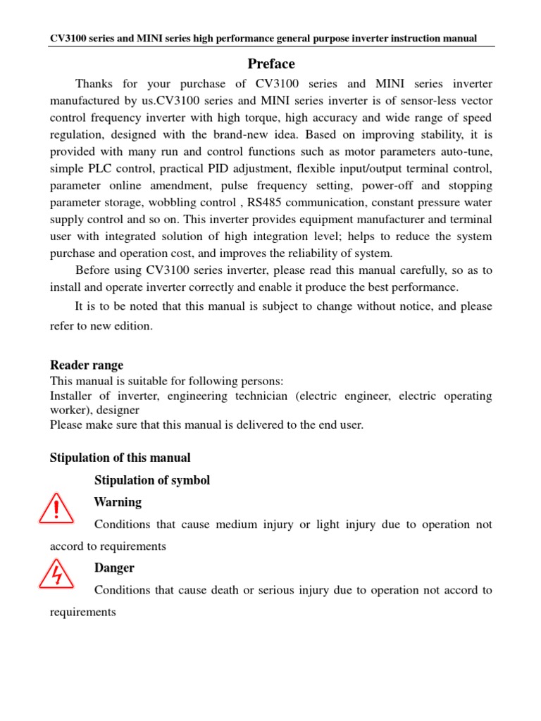 CV3100 Inverter Instruction Manual | PDF | Power Inverter | Power Supply