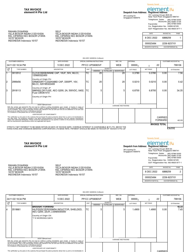 Tax Invoice Element14 Pte LTD: Registered Address Despatch From Address ...