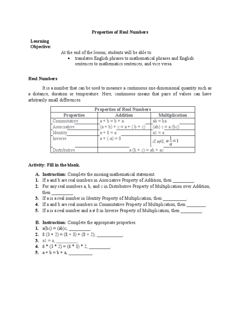 Properties of real numbers pdf multiplication real number
