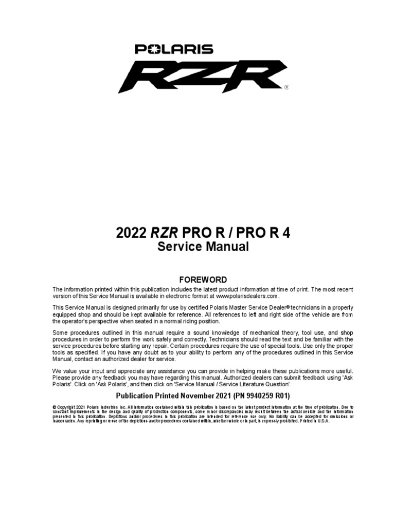 Manual de Serviço RZR Pro R 2022 PDF | PDF | Axle | Steering