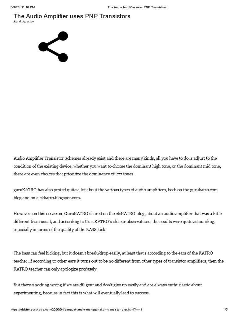 The Audio Amplifier Uses PNP Transistors | PDF | Amplifier | Bipolar