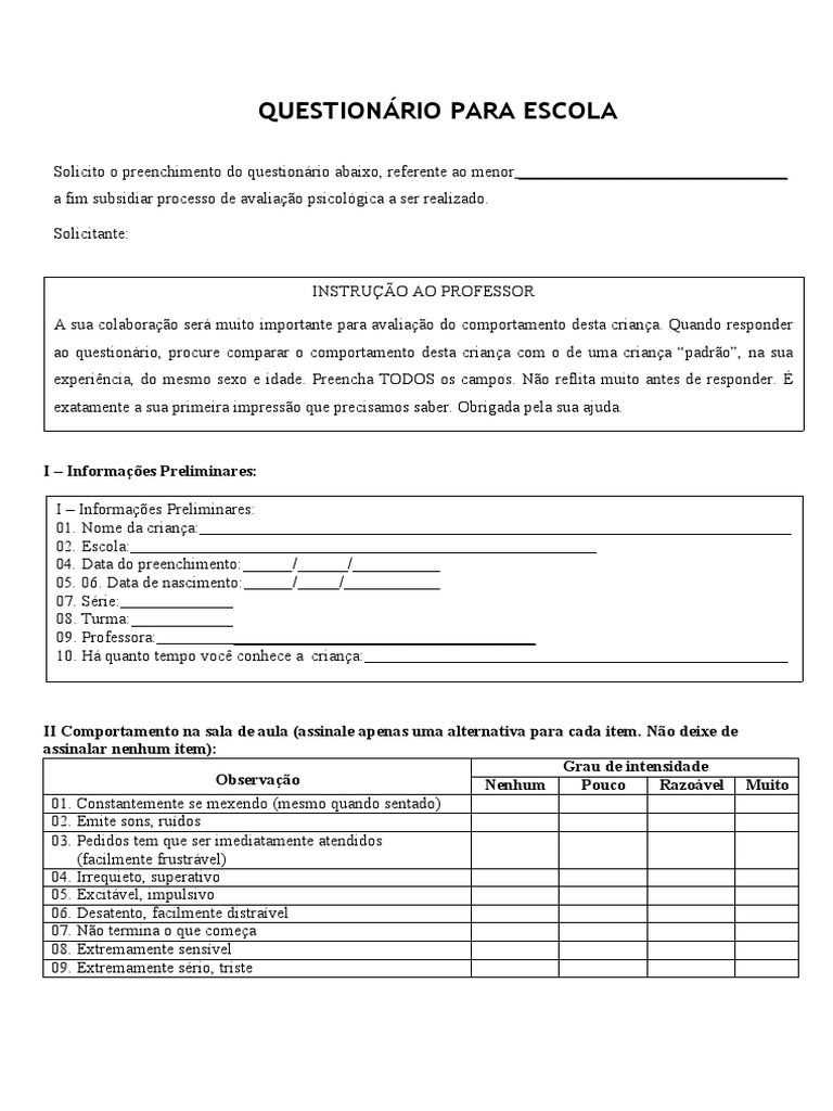 Questionario-para-escola.docx | PDF | Comunicação | Espectro do autismo