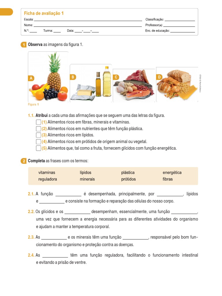Ficha Avaliação Nutrientes E Alimentação Pdf Nutrientes Alimentos