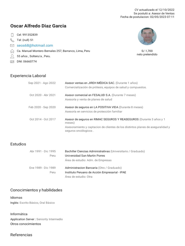Asesor de Ventas CV Oscar Alfredo Diaz Garcia PDF Perú