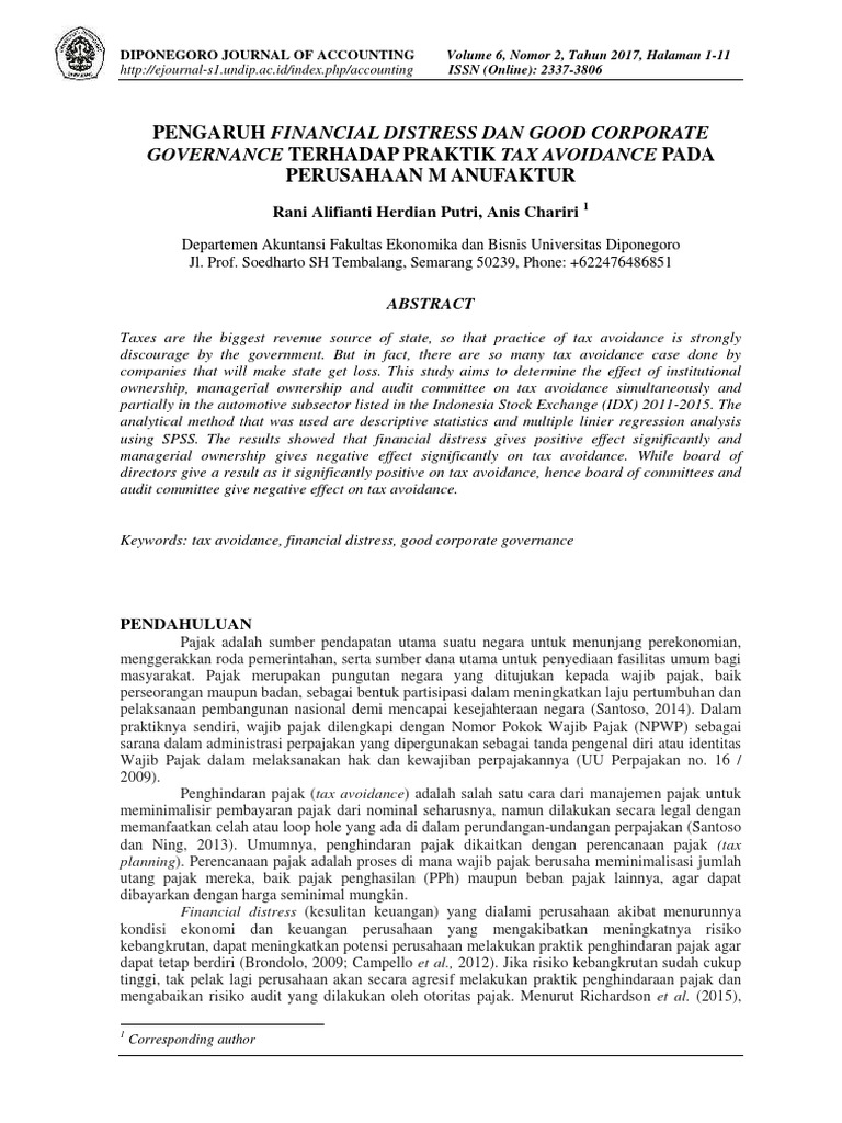 Pengaruh Financial Distress terhadap Tax Avoidance | PDF