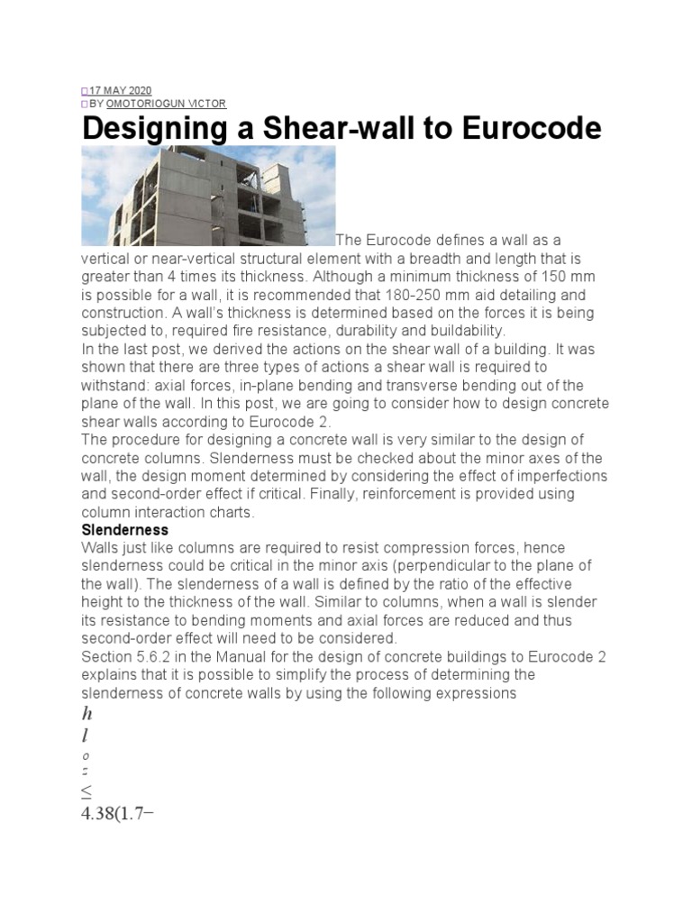 Shear Wall Design Eurocode PDF Bending Applied And