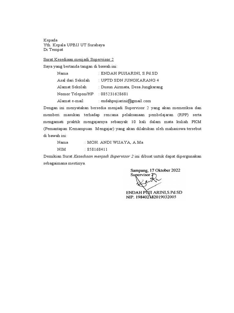 Surat Kesediaan Supervisor 2 | PDF | Karier & Perkembangan ...