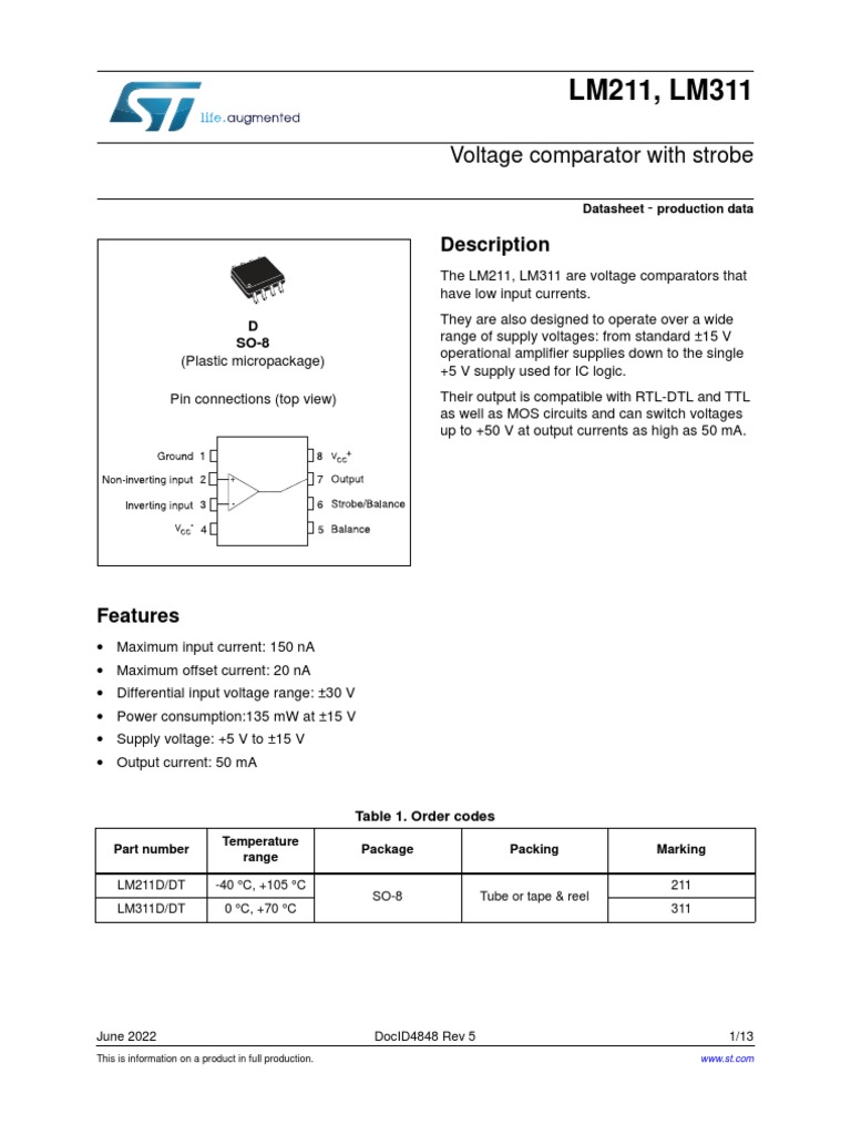LM311 STMicroelectronics PDF | PDF | Electrical Engineering | Electricity