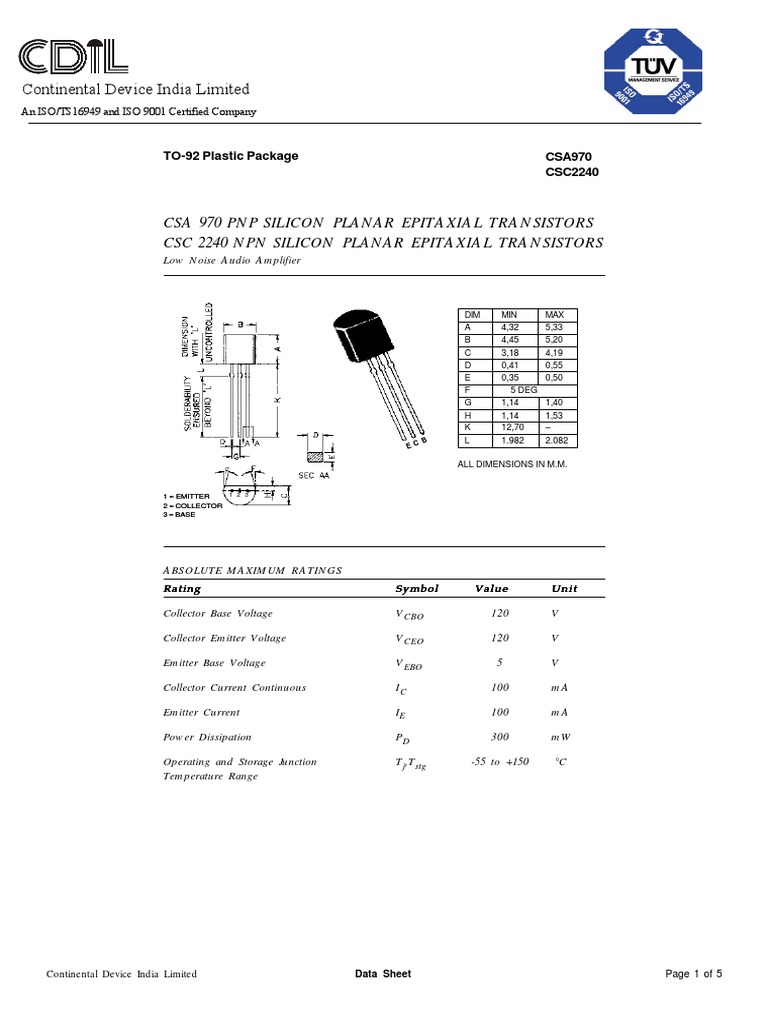 2sa970-2sc2240 Cdil | PDF | Bipolar Junction Transistor | Information ...