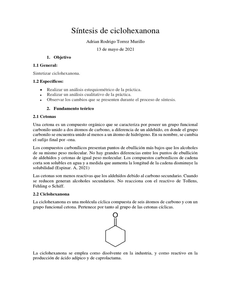 Síntesis y análisis de ciclohexanona | PDF | Cetona | Reacciones químicas