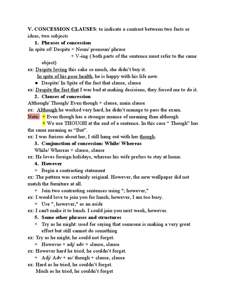 Concession Clauses PDF Clause Sentence (Linguistics)