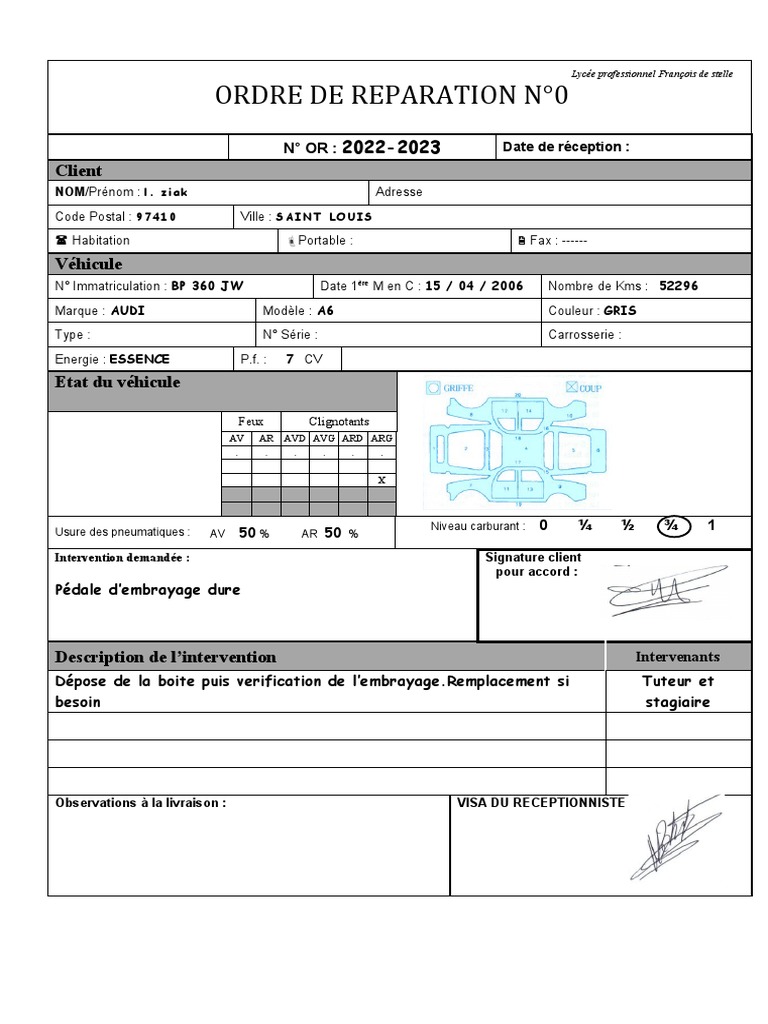 Ordre de Reparation N°0: 2022-2023 Client | PDF | Embrayage | Véhicules ...