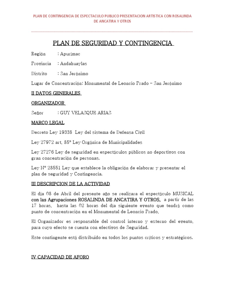 Plan de Seguridad y Contingencia Evento Los Apus | PDF | Defensa Civil ...