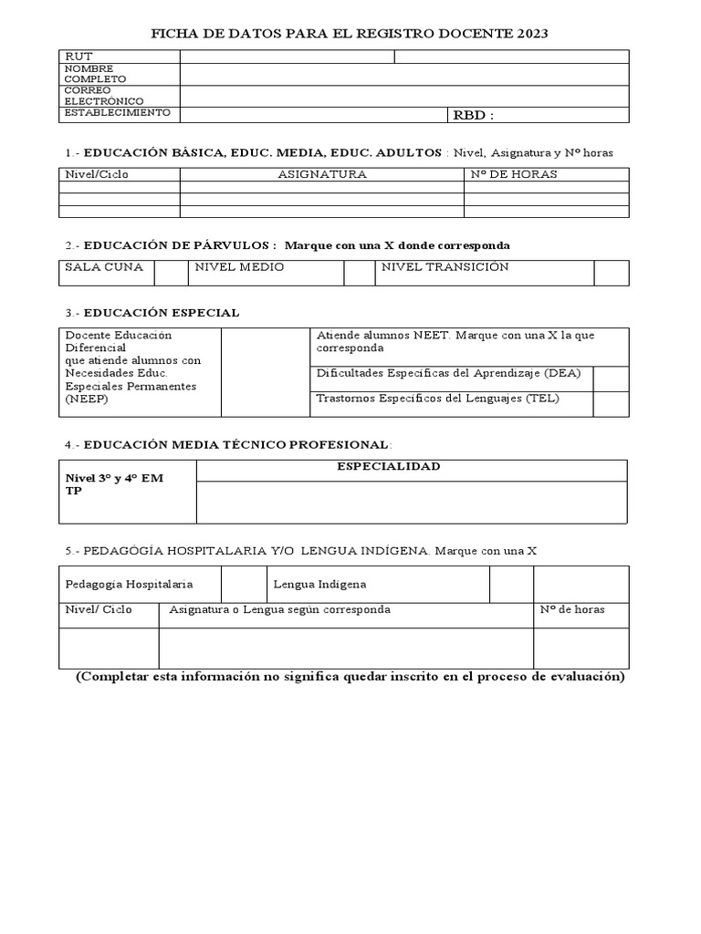 Ficha de Datos para El Registro Docente 2023 | PDF