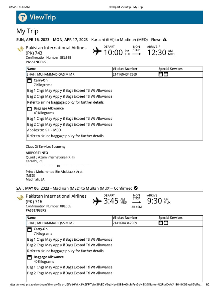 Travelport Viewtrip - My Trip PDF | PDF | Karachi | Airlines