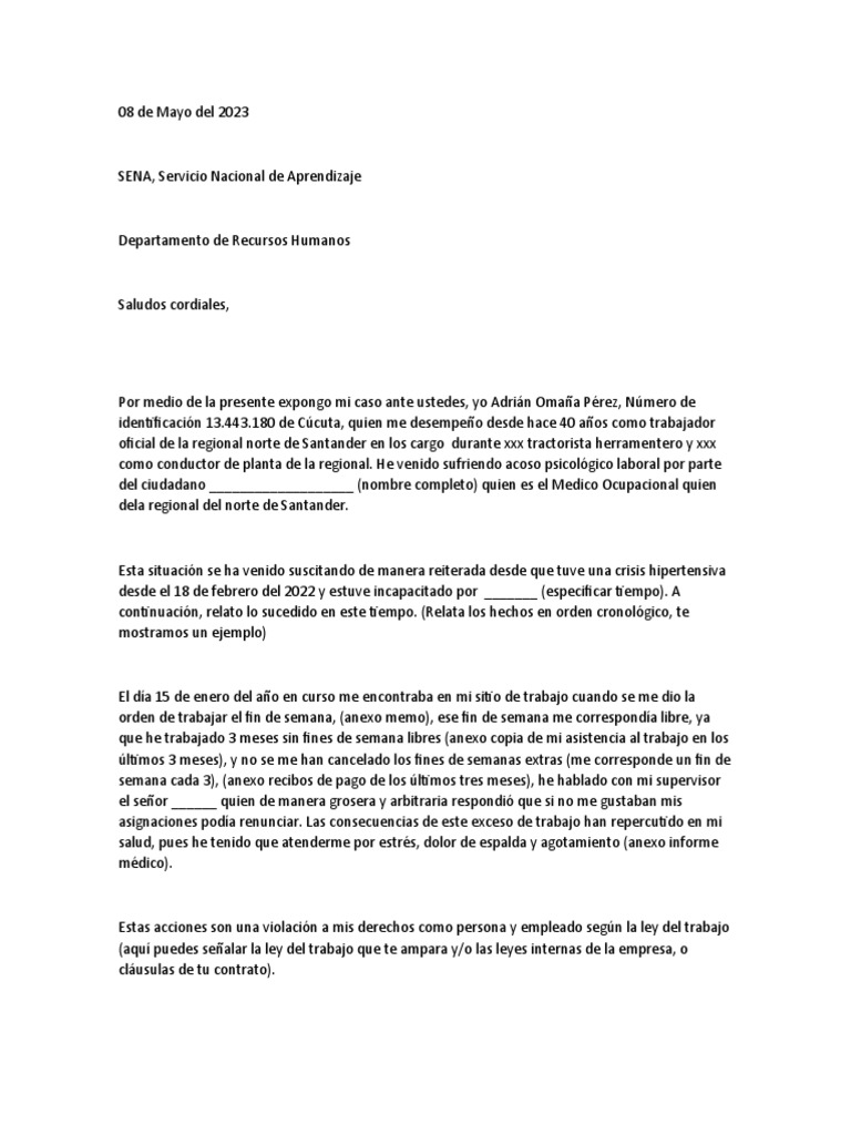 Carta De Despido Acoso Laboral