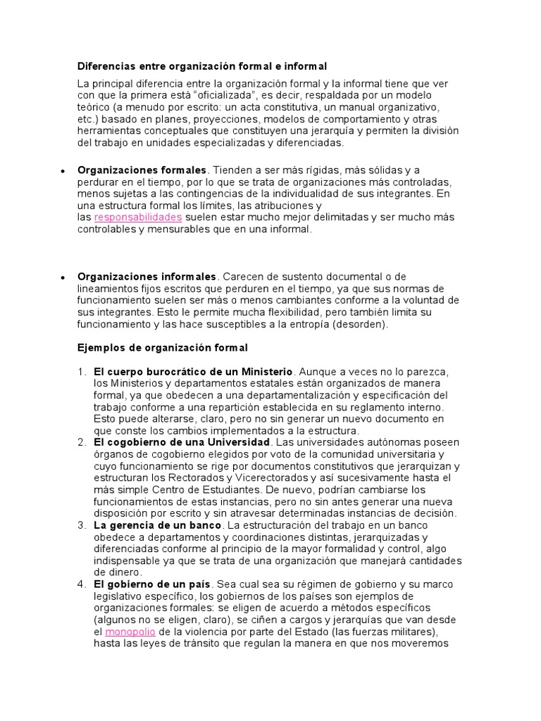 Diferencias entre organizaciones formales e informales | PDF | Ciencias ...