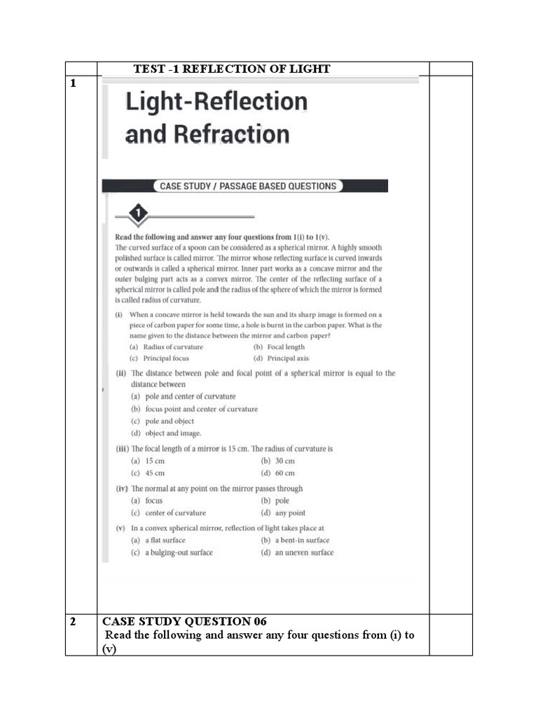 Test 1 Mirrors Case Study PDF Refractive Index Refraction