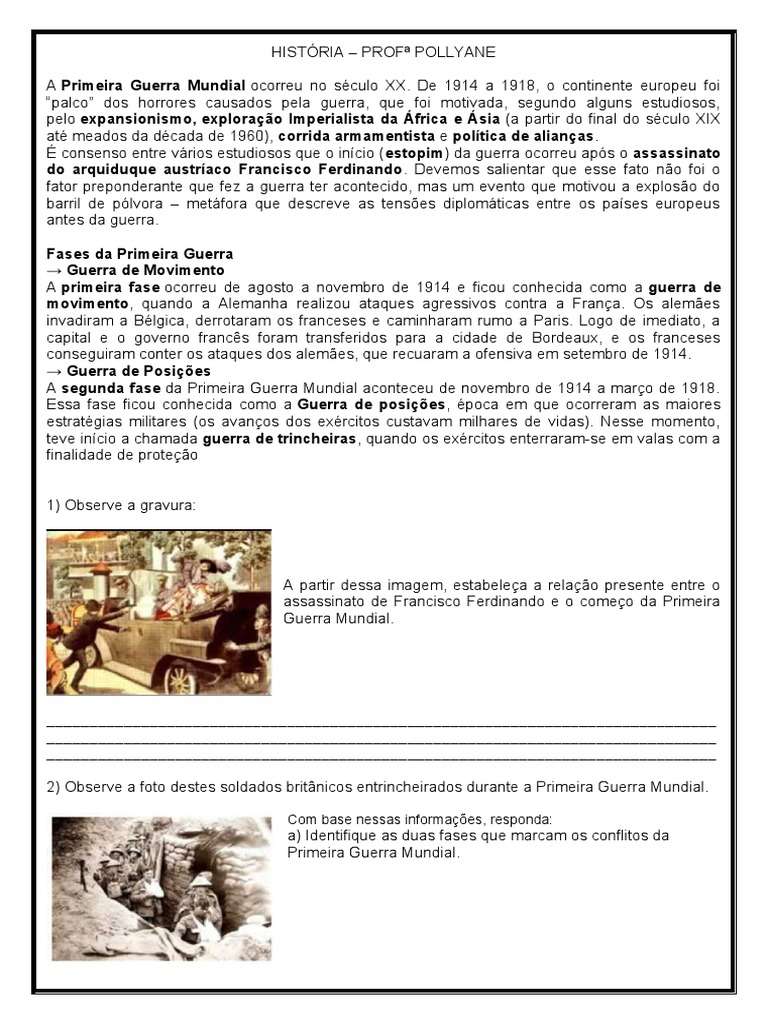 Atividades Historia 9 Ano Semana 6 | PDF | Primeira Guerra Mundial ...