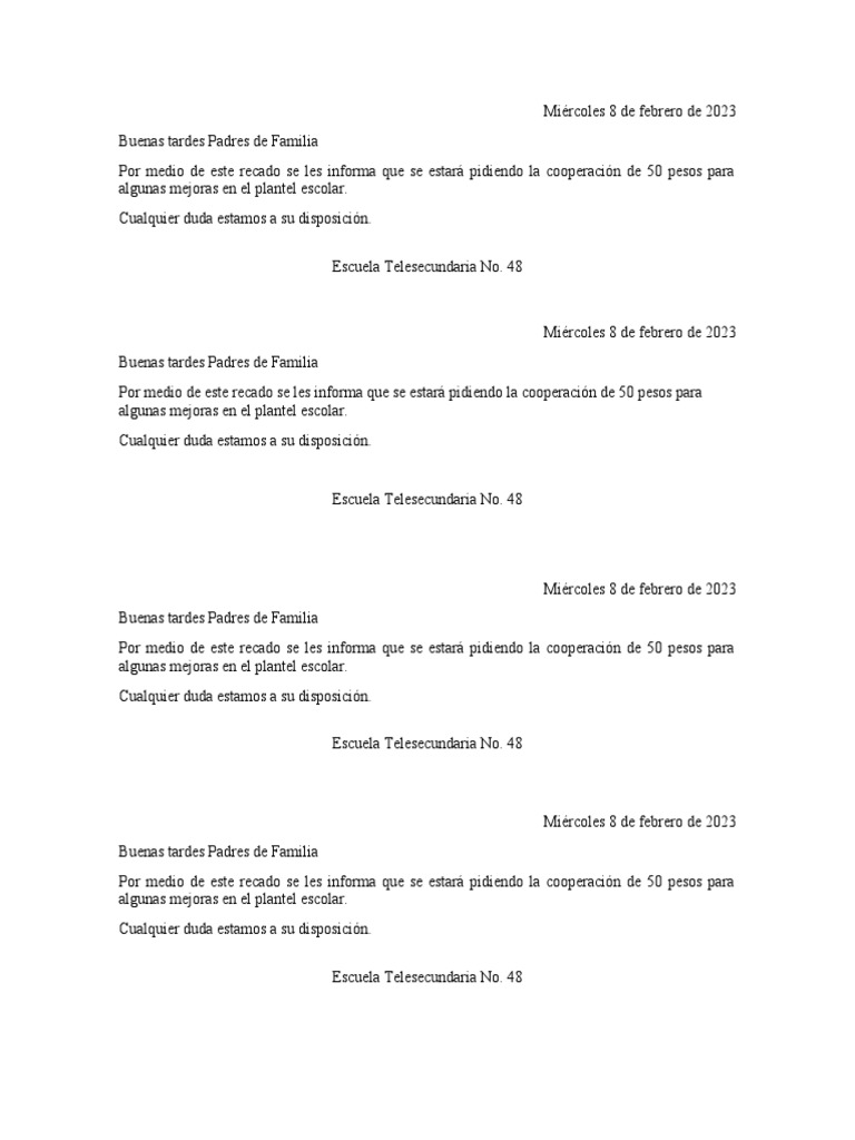Por Medio de Este Conducto Se Les Informa A Todos Los Padres de Familia ...