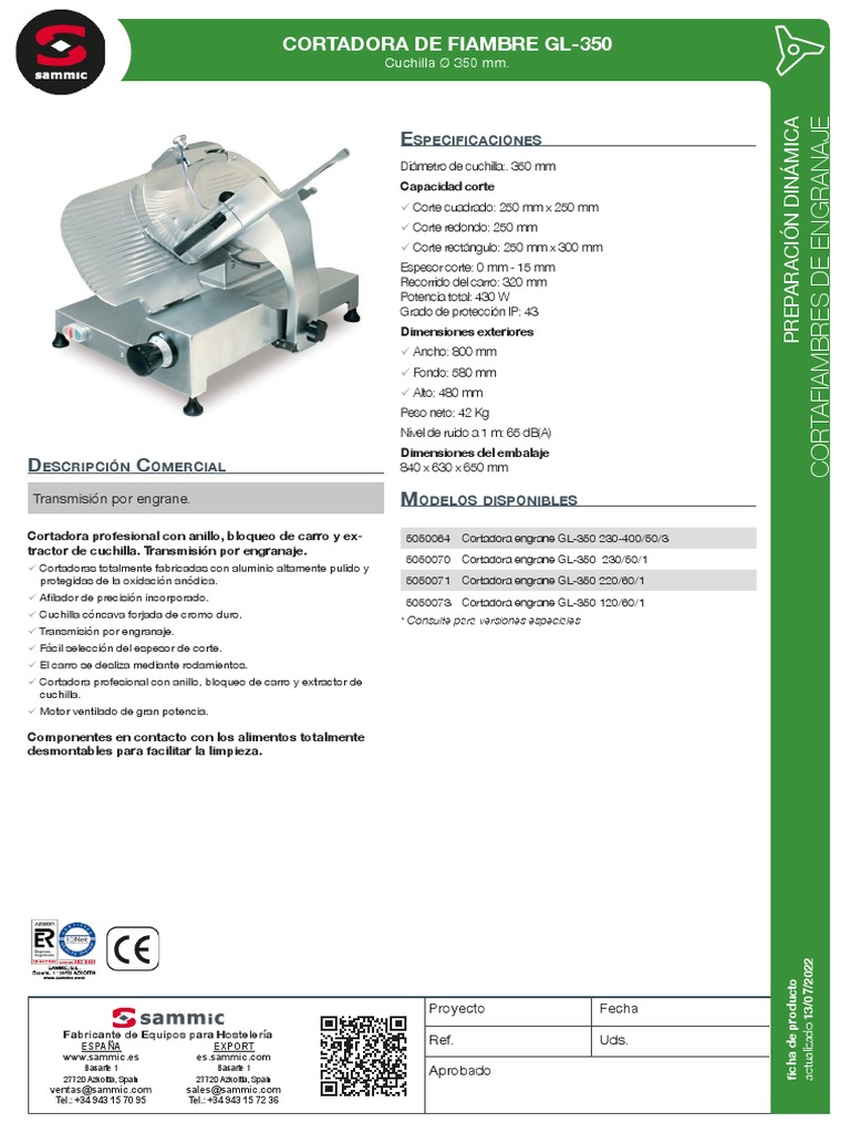 Cortadora de fiambre GL-350 de transmisión por engranaje de Sammic