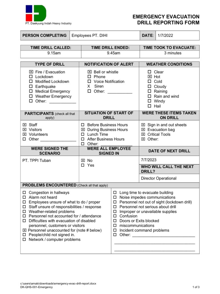 Microsoft Word EmergencyEvacDrillReport PDF Safety