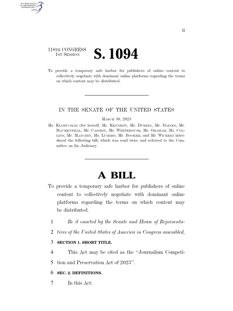 Journalism Competition and Preservation Act PDF Mass Media