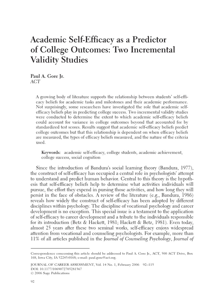 Academic Self-Efficacy As A Predictor | PDF | Self Efficacy ...
