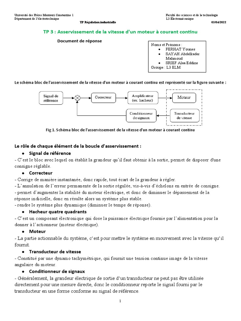 Asservissement moteur CC : TP Régulation | PDF | Automatisation ...