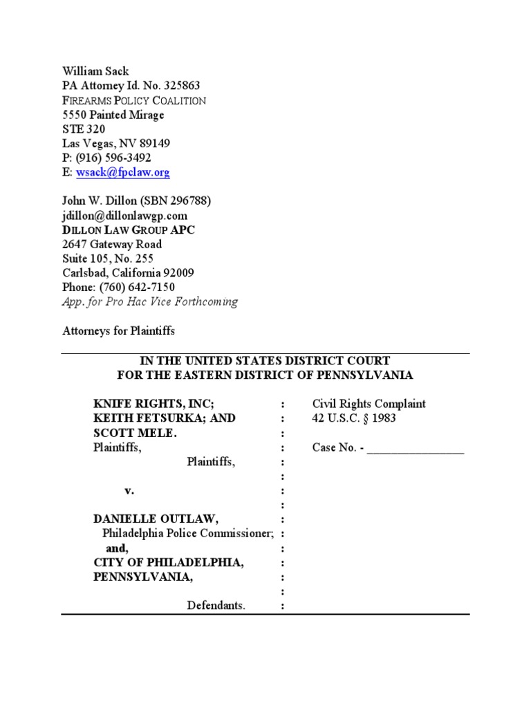 Knife Rights, Inc. v. Outlaw, Philadelphia Knife Carry Complaint 2023