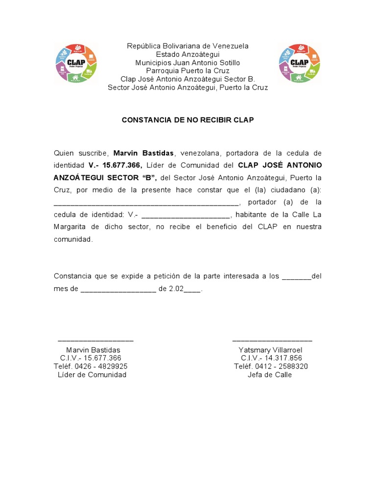 Constancia de No Recibir CLAP en Puerto La Cruz | PDF