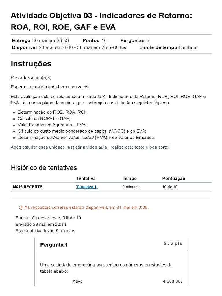 ROA ROI ROE GAF EVA Teste | PDF | Contabilidade financeira | Dinheiro