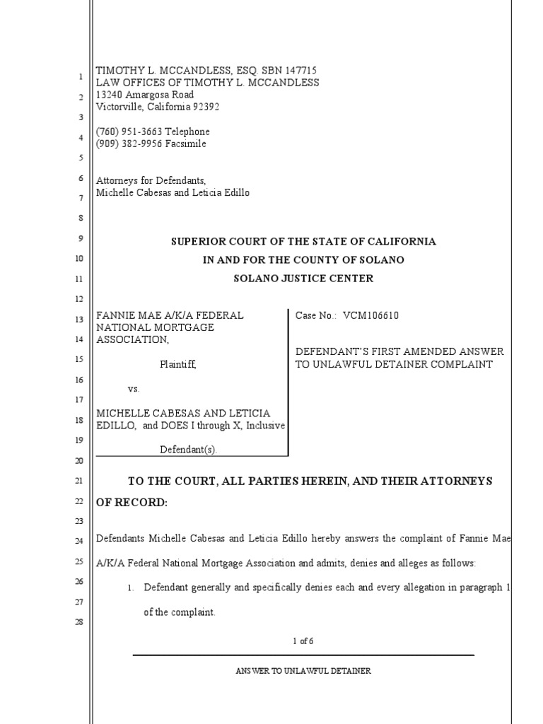 Answer To UD Complaint (2) As Amended | PDF | Affirmative Defense ...