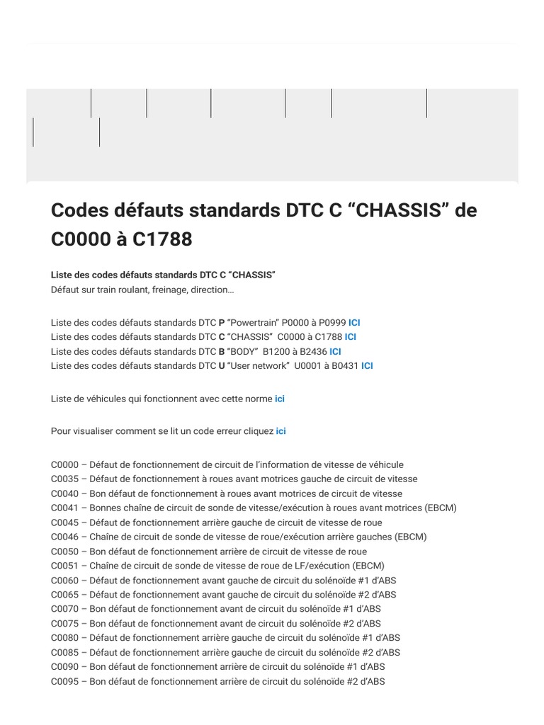 Codes défauts DTC C : Liste complète | PDF | Système anti-blocage des ...