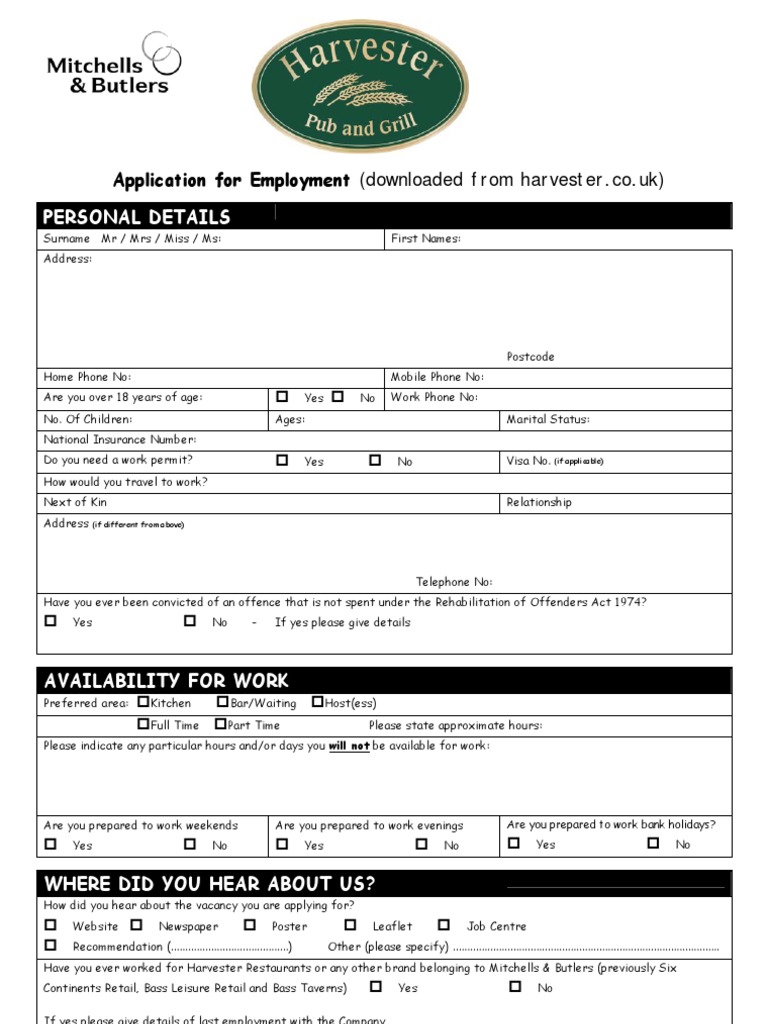Harvester Job Application Form 20081027 PDF Equal Opportunity