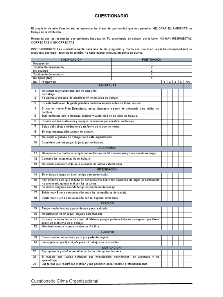 Mejorar Ambiente Trabajo Pdf Planificación Estratégica Cuestionario