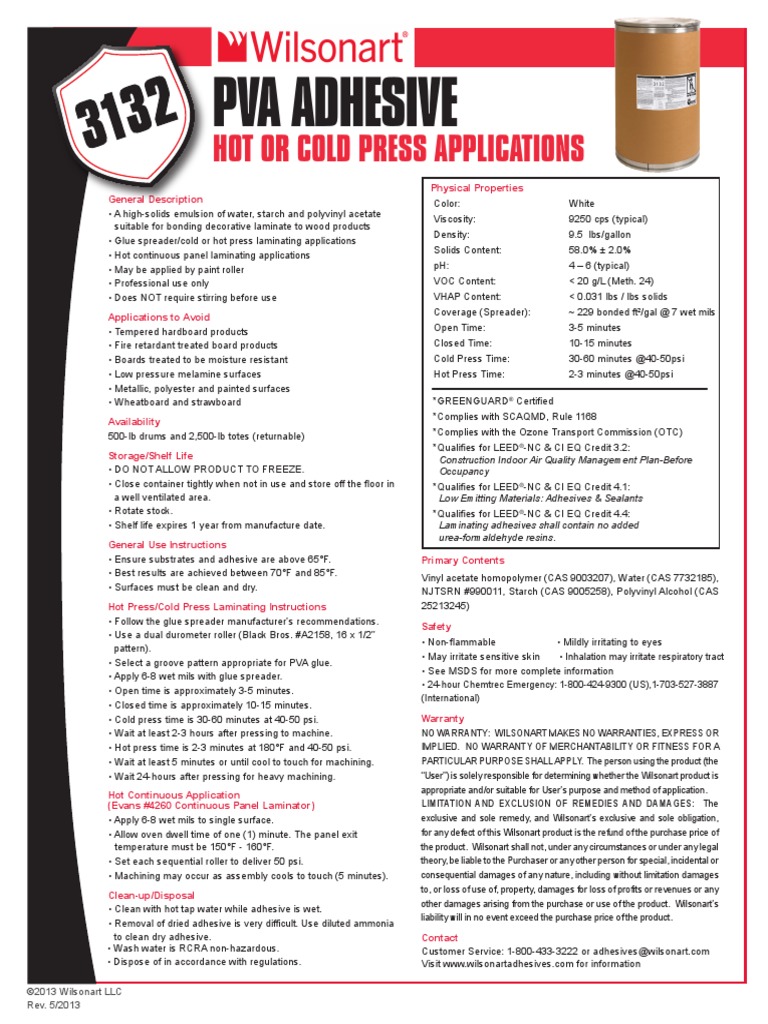 Wilsonart® 3132 Hot or Cold Press PVA Adhesive Technical Data PDF