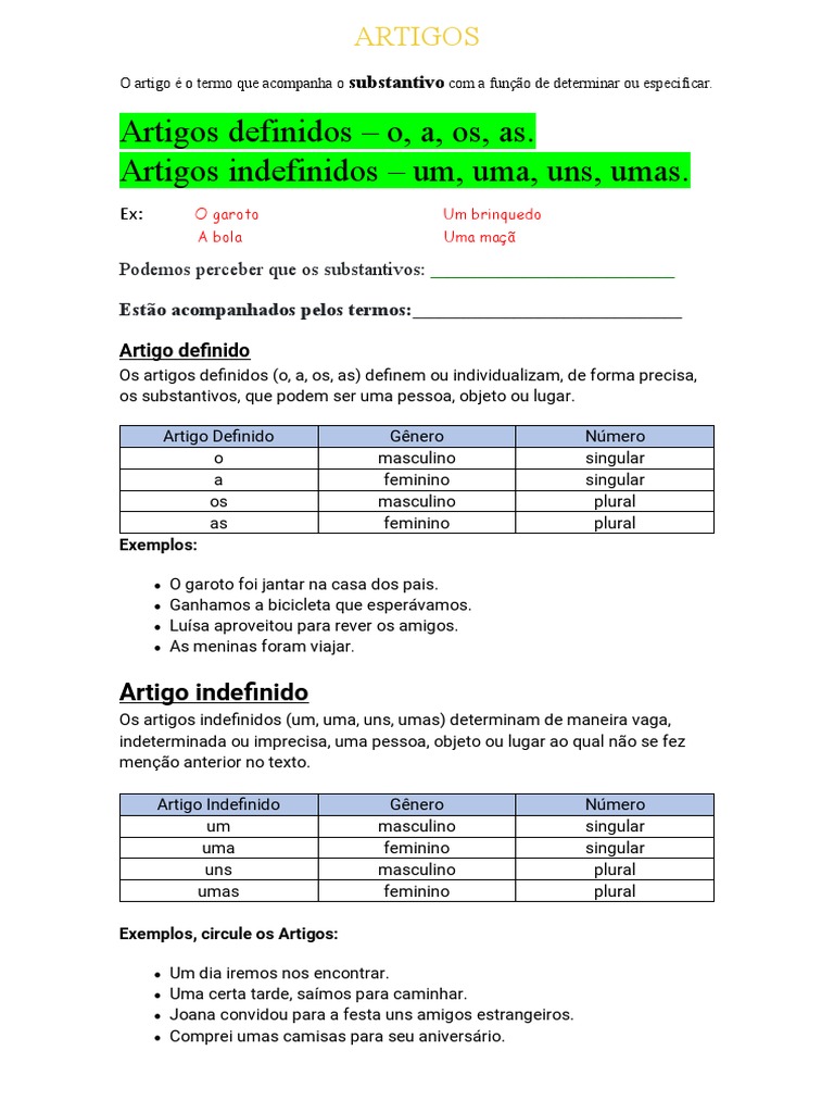 Português ARTIGOS/SUBSTANTIVO | PDF | Morfologia linguística | Linguística