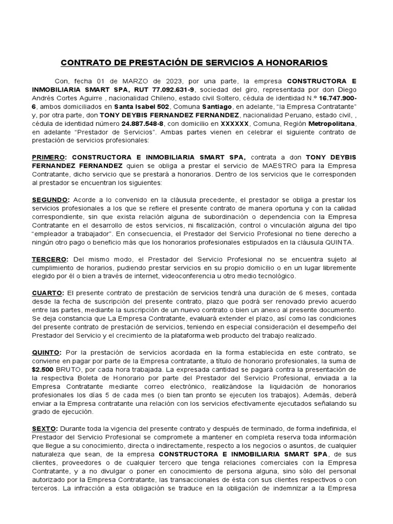 Contrato de Prestacion de Servicios A Honorarios | PDF | Daños y ...