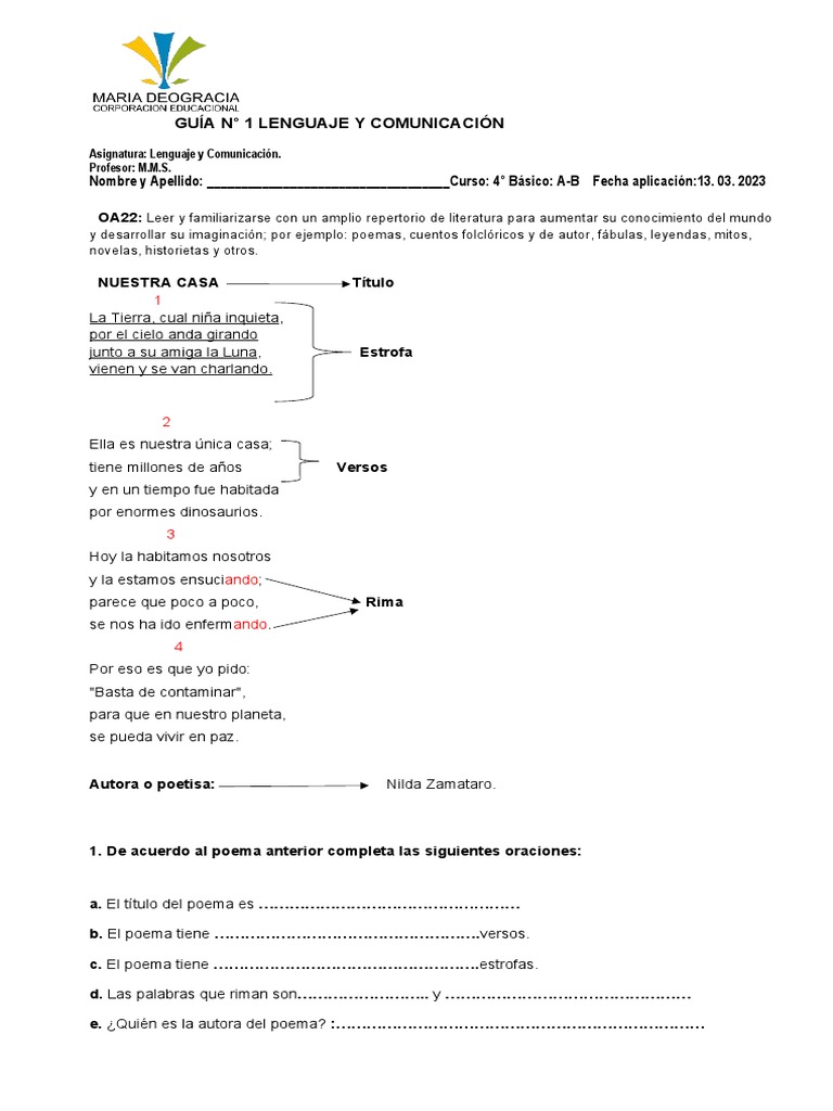 Guía1 Partes de Un Poema 4° A-B | PDF | Poesía