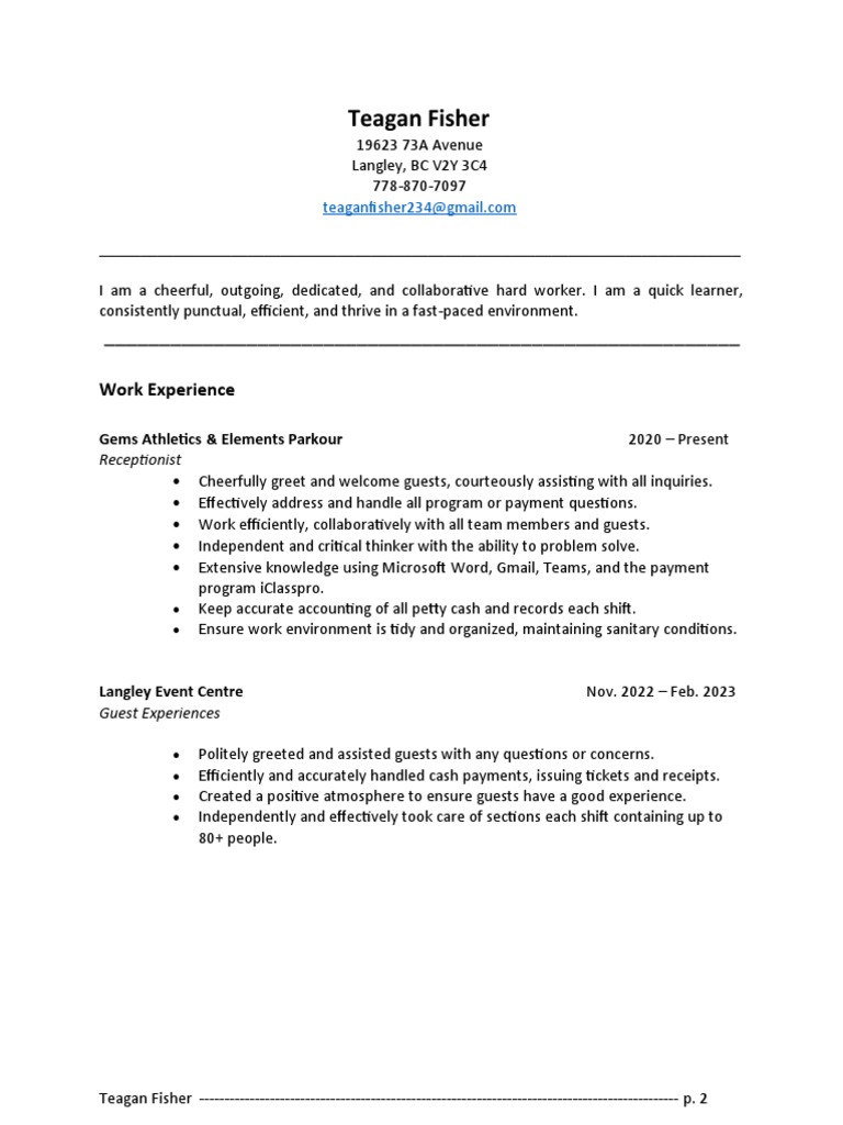 Teagan Fisher Resume PDF Learning Cognition