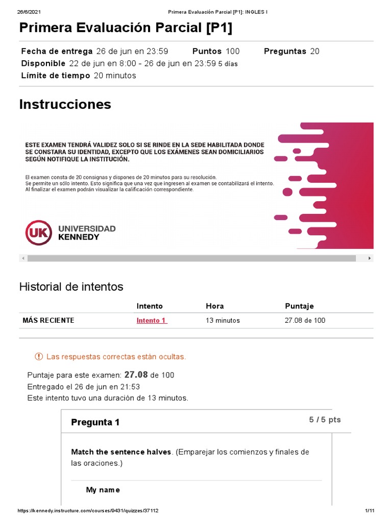 Evaluación Parcial de Inglés I - P1 | PDF