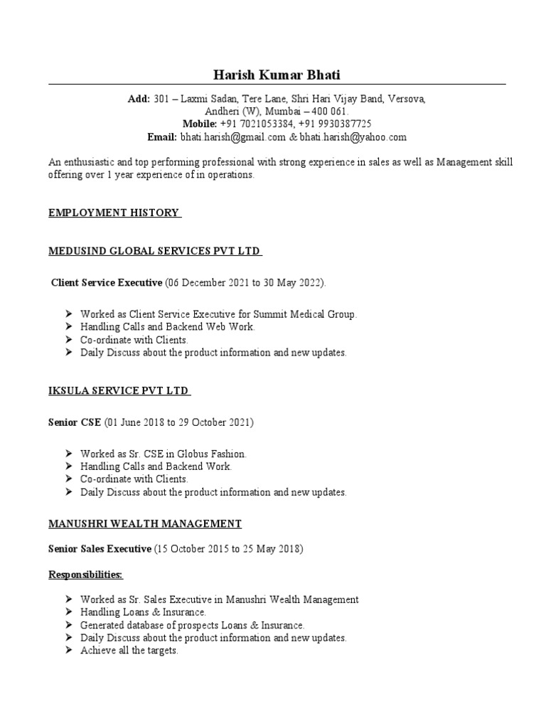 Harish Kumar Bhati Update CV | PDF | Career & Growth | Business