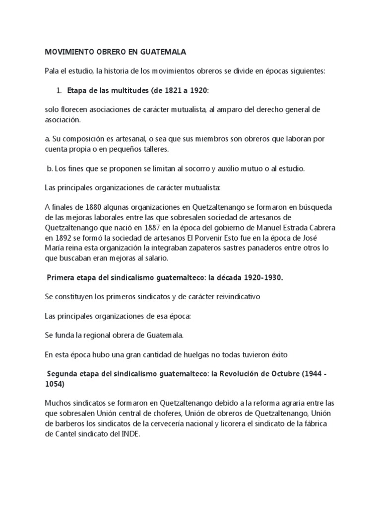 Historia del Movimiento Obrero en Guatemala | PDF | Guatemala | Sindicato