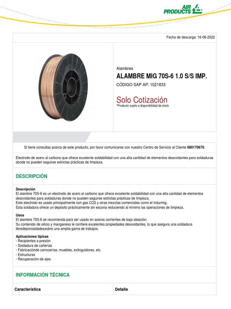 1021833-Alambre Mig 70S-6 10 SS Imp | PDF | Construcción | Soldadura