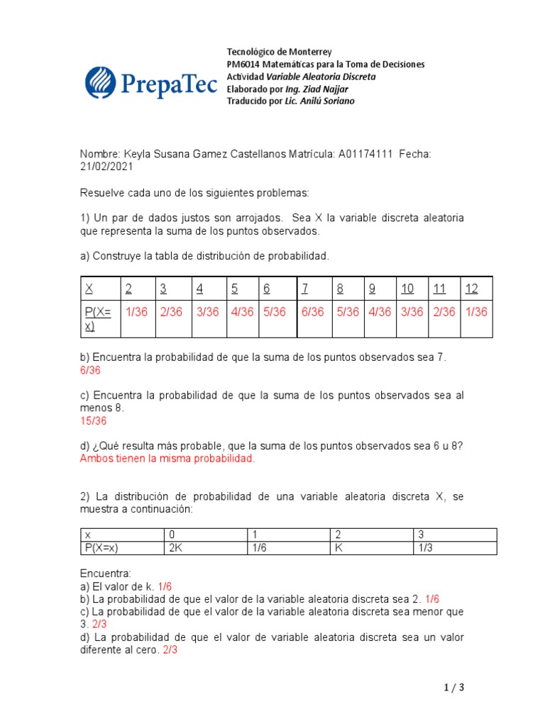 2 1 2 Variable Aleatoria Discreta 2 Encuentra K Pdf Variable