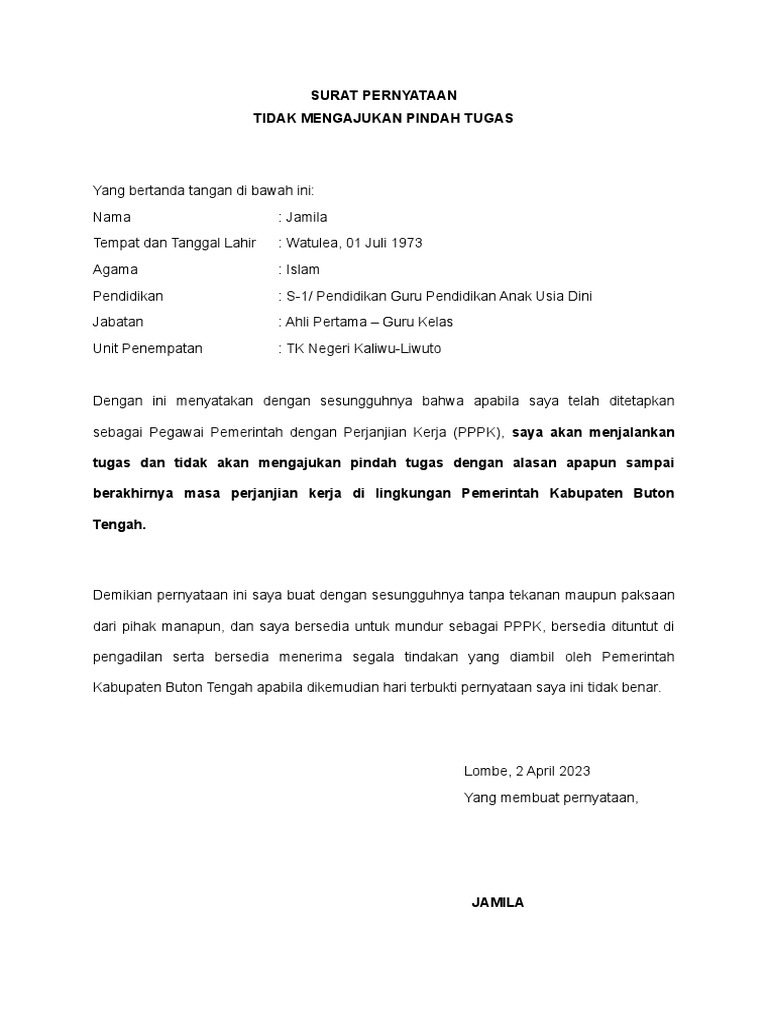 Surat Pernyataan Tidak Mengajukan Pindah Tugas | PDF