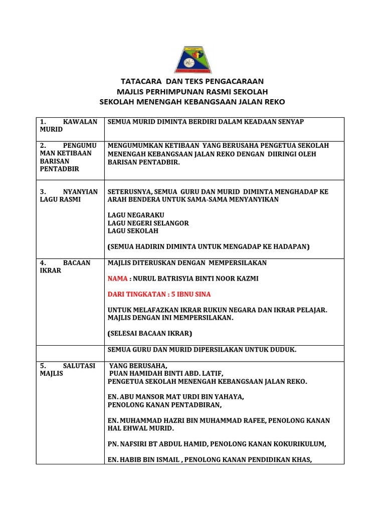Teks Pengacaraan Perhimpunan Rasmi Sekolah 2023 | PDF