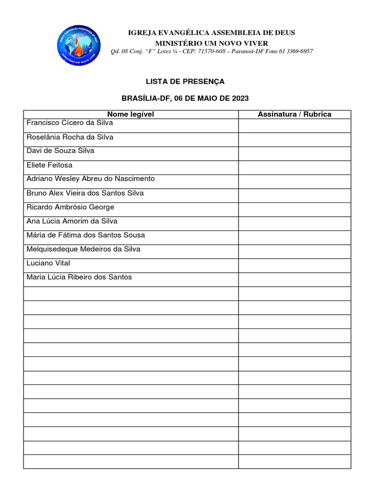Lista de Presença - Assembleia de Deus | PDF