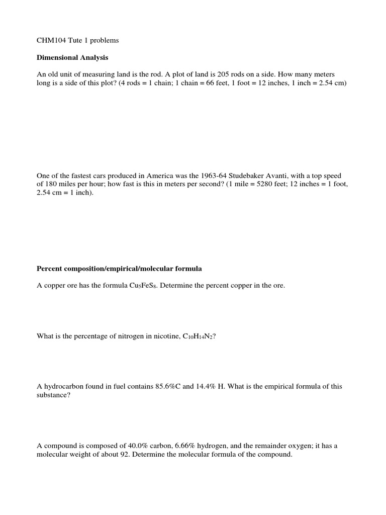 CHM104 Tute 1: Dimensional Analysis & Stoichiometry | PDF | Chemical ...